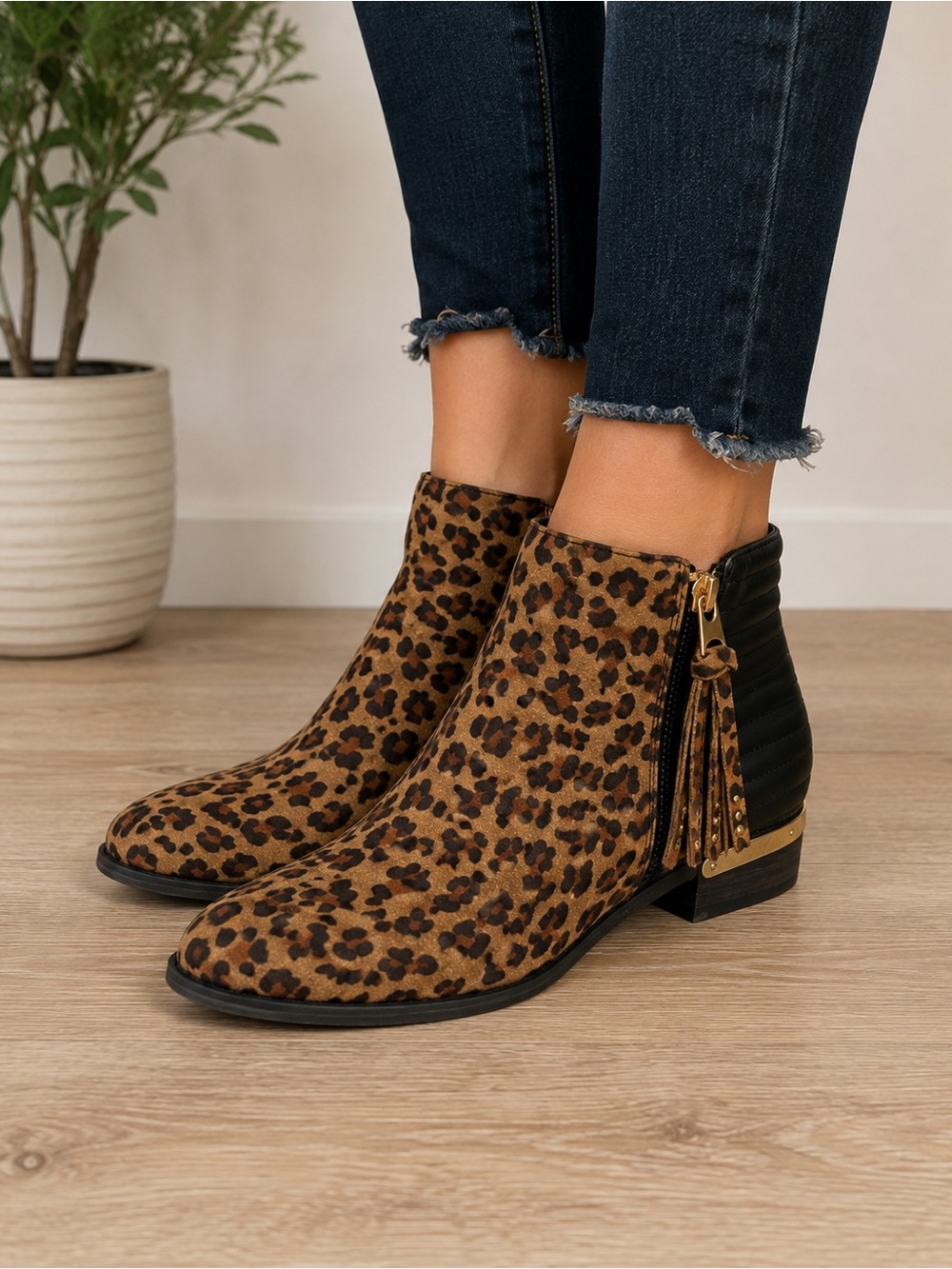 Zarra by GC shoes Leopard Print Women’s Ankle Boots with Tassel Zip low heel 7.5